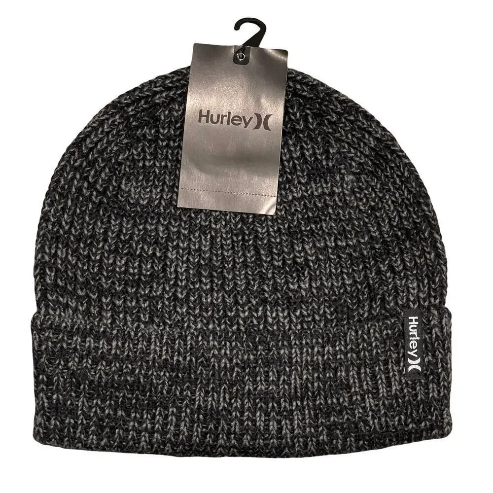 Hurley Men's Black/Grey Cuffed Beanie - Loose Knit Winter Hat One Size